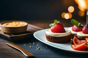 a plate with a strawberry, a slice of orange and a cup of peanut butter. AI-Generated photo