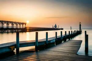 a pier with wooden posts and a lighthouse at sunset. AI-Generated photo