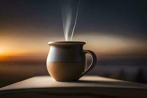 a cup of coffee on a table with a sunset in the background. AI-Generated photo