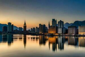 el ciudad horizonte es reflejado en el agua a puesta de sol. generado por ai foto