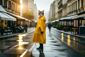 a cat wearing a yellow raincoat on a rainy street. AI-Generated photo