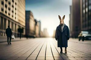 a rabbit in a coat standing on a street. AI-Generated photo