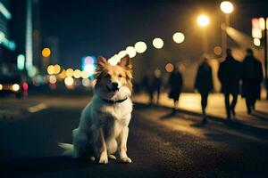 a dog sitting on the street at night. AI-Generated photo