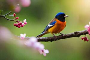 a colorful bird sits on a branch with pink flowers. AI-Generated photo