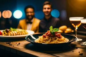 two men sitting at a table with plates of pasta and drinks. AI-Generated photo