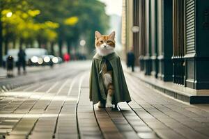 a cat wearing a cloak walks down a street. AI-Generated photo