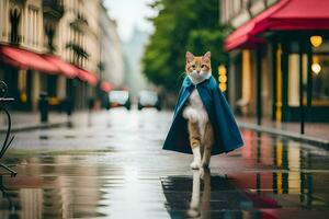 a cat in a blue coat walking on a wet street. AI-Generated photo