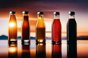 six bottles of different colored liquid sitting on a table. AI-Generated photo