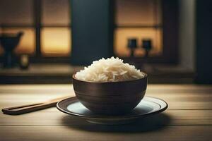 arroz en un cuenco en un de madera mesa. generado por ai foto