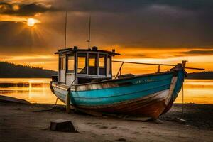 a boat sits on the shore at sunset. AI-Generated photo