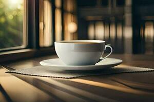 a cup of coffee on a table in front of a window. AI-Generated photo