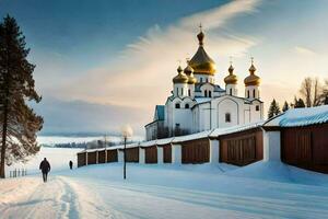 un Iglesia en el nieve con un dorado cúpula. generado por ai foto