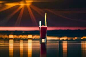 un vaso de rojo jugo con un Paja en el mesa. generado por ai foto