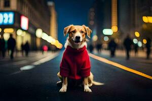 a dog wearing a red sweater sits on the street at night. AI-Generated photo