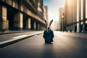 un Conejo en un traje sentado en el calle. generado por ai foto