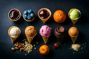 various ice cream flavors in cones on a black background. AI-Generated photo