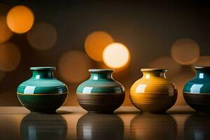 three vases are lined up on a table. AI-Generated photo