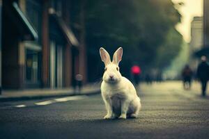 a white rabbit is sitting on the street. AI-Generated photo