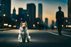 a dog sitting on the street in front of a city. AI-Generated photo