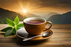 a cup of tea on a wooden table with mountains in the background. AI-Generated photo