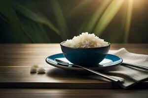 rice in a bowl and spoon on a wooden table. AI-Generated photo