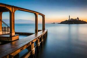 un muelle con un faro a puesta de sol. generado por ai foto