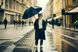 a cat wearing an umbrella in the rain. AI-Generated photo