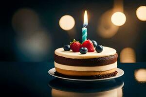 a birthday cake with a single candle on top. AI-Generated photo