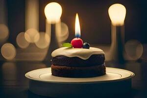 a small cake with candles on a plate. AI-Generated photo