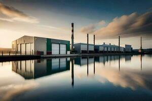 un fábrica edificio con un reflexión de el cielo. generado por ai foto