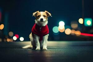 a dog wearing a red vest on the street at night. AI-Generated photo