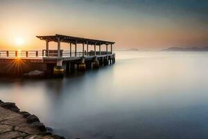 a pier at sunset with the sun setting behind it. AI-Generated photo