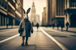 a rabbit in a coat walking down a street. AI-Generated photo