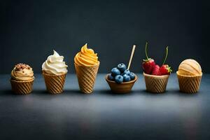 different types of ice cream in cones. AI-Generated photo