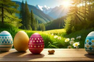Pascua de Resurrección huevos en un mesa en frente de un montaña. generado por ai foto