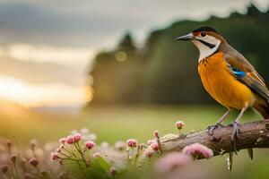 a bird sits on a branch in a field. AI-Generated photo