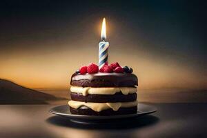 a chocolate cake with a single candle on top. AI-Generated photo