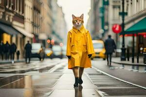 un zorro vistiendo un amarillo impermeable caminando abajo un ciudad calle. generado por ai foto