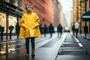 un mujer vistiendo un amarillo impermeable y un gato mascarilla. generado por ai foto