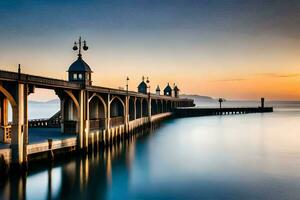 a pier with a bridge and a building at sunset. AI-Generated photo