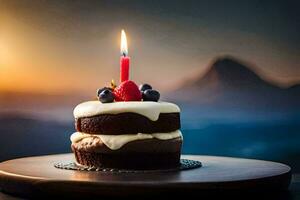 a birthday cake with a single candle on top. AI-Generated photo