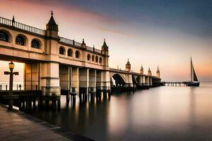 a bridge over the water at sunset. AI-Generated photo