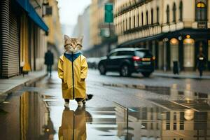 a cat in a raincoat standing on a wet street. AI-Generated photo