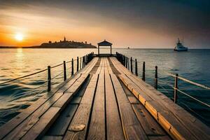 a wooden pier with a boat in the distance at sunset. AI-Generated photo