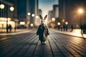 a rabbit in a suit stands in the middle of a city street. AI-Generated photo