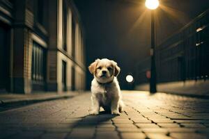 a dog is standing on a brick road at night. AI-Generated photo