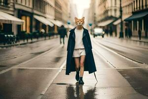 un mujer vistiendo un gato máscara camina abajo un calle. generado por ai foto