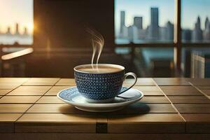 un taza de café en un de madera mesa con un paisaje urbano en el antecedentes. generado por ai foto