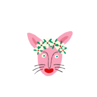 Lovely bizarre pink bunny face with floral wreath. Modern hand drawn cartoon illustration of bunny in doodle style png