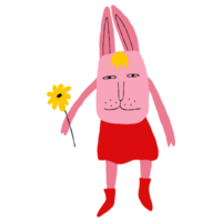 Bizarre strange bunny character with lovey face and flower. Comic cartoon hand drawn rabbit in doodle style png